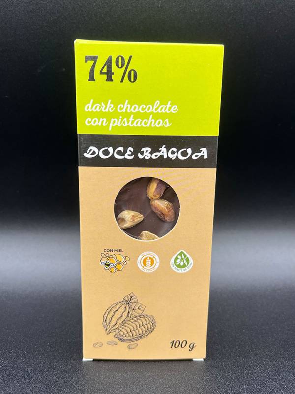 Tableta de chocolate negro 74% con pistachos Doce Bágoa